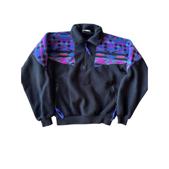 Vintage Columbia USA Made Neon Aztec Black Fleece M Quarter Zip Pullover Sweater - Picture 1 of 8